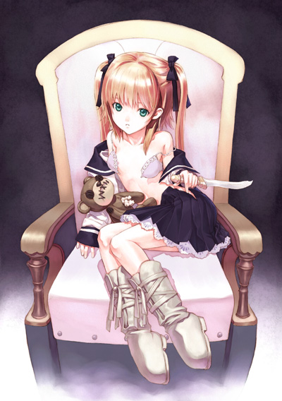 kiran (kiranpln), 1girl, blue eyes, bra, brown hair, chair, dagger, female focus, flat chest, green eyes, knife, lingerie, loli, long sleeves, open bra, open clothes, open shirt, school uniform, serafuku, shirt, sitting, skirt, sleeves past wrists, solo, stuffed animal, stuffed toy, teddy bear, twintails, underwear, weapon