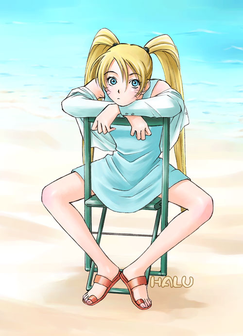 baorai, naruko (naruto), uzumaki naruto, naruto (classic), naruto (series), 1girl, beach, blonde hair, blue dress, blue eyes, blush, breasts, chair, closed mouth, crossed arms, day, dress, facial mark, facing viewer, female focus, full body, genderswap, genderswap (mtf), hair between eyes, hair tie, head rest, knees apart feet together, legs, long hair, looking at viewer, medium breasts, ocean, on chair, orange sandals, outdoors, raised eyebrows, sand, sandals, sitting, solo, spread legs, twintails, very long hair, water, whisker markings, whiskers