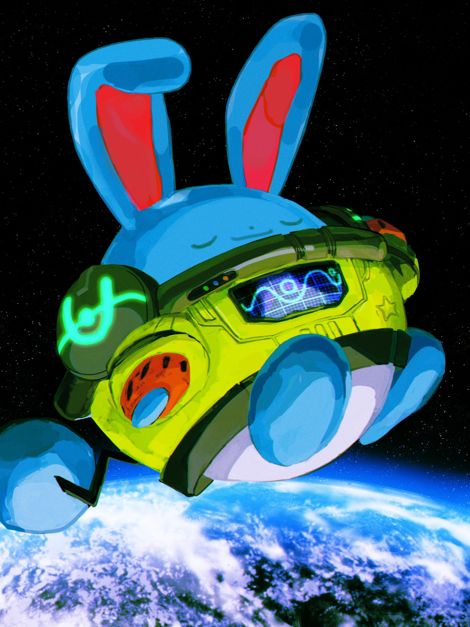 leirion5, azumarill, nintendo, pokemon, pokemon unite, commentary request, highres, azumarill (space), closed eyes, closed mouth, clothed pokemon, dot nose, earth (planet), floating, full body, gen 2 pokemon, no humans, planet, pokemon (creature), pokemon focus, smile, solo, space, spacesuit, star (sky)