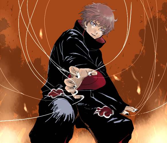 eichi (kaitou2007), sasori (naruto), naruto (series), naruto shippuuden, silver hair, 1boy, akatsuki (naruto), fighting stance, long sleeves, looking at viewer, male focus, orange hair, orange sky, outdoors, sky, solo, standing, string