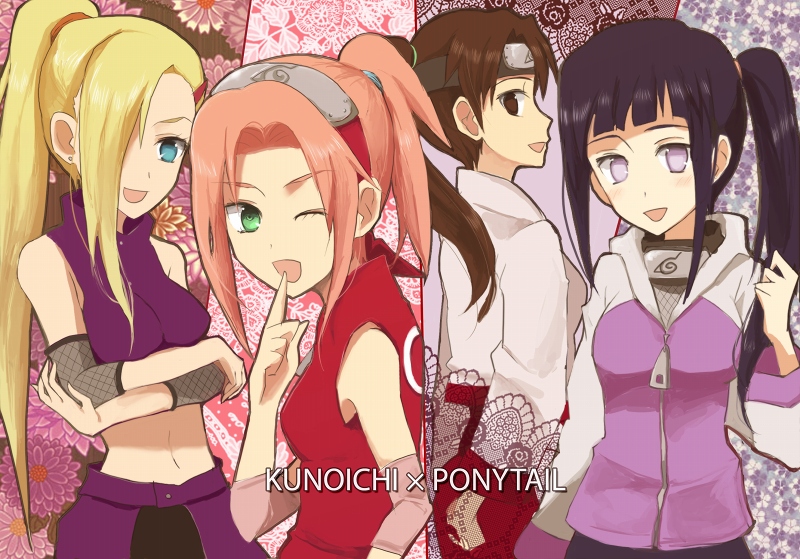 yokige, haruno sakura, hyuuga hinata, tenten (naruto), yamanaka ino, naruto (classic), naruto (series), 4girls, black hair, blonde hair, blue eyes, blue hair, brown eyes, brown hair, double bun, female focus, forehead protector, green eyes, hair bun, hair over one eye, hair tie, hairband, konohagakure symbol, multiple girls, navel, one eye closed, open mouth, pink hair, ponytail, purple eyes, white eyes