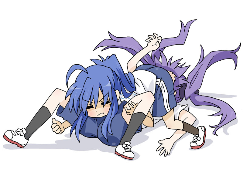 hiiragi kagami, izumi konata, lucky star, non-web source, 00s, 2girls, 69, :3, ahoge, blue hair, closed eyes, female focus, gym uniform, loli, long hair, mole, mole under eye, multiple girls, ponytail, purple hair, sexually suggestive, shorts, simple background, thumbs up, twintails, white background, wrestling, yuri