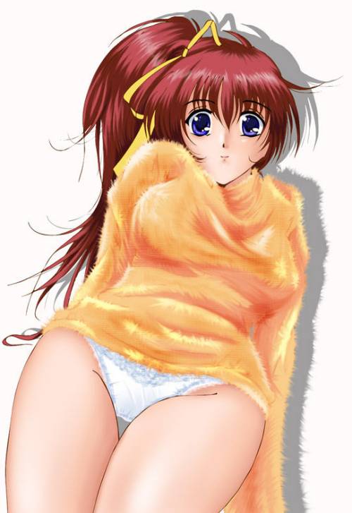 toshipiyo, takase mizuki, comic party, fur, non-web source, 00s, 1girl, blue eyes, bow, female focus, hair ribbon, long hair, no pants, orange shirt, panties, ponytail, purple eyes, red hair, ribbon, shadow, shirt, side ponytail, smile, solo, sweater, underwear, white panties, yellow bow