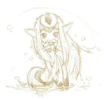 mutio, ao no roku-gou, lowres, 1girl, arched back, arm support, breasts, colored skin, female focus, fish, furry, furry female, long hair, monochrome, monster girl, mouth hold, multicolored skin, nude, pointy ears, ripples, sketch, solo, therianthrope, water, yellow theme