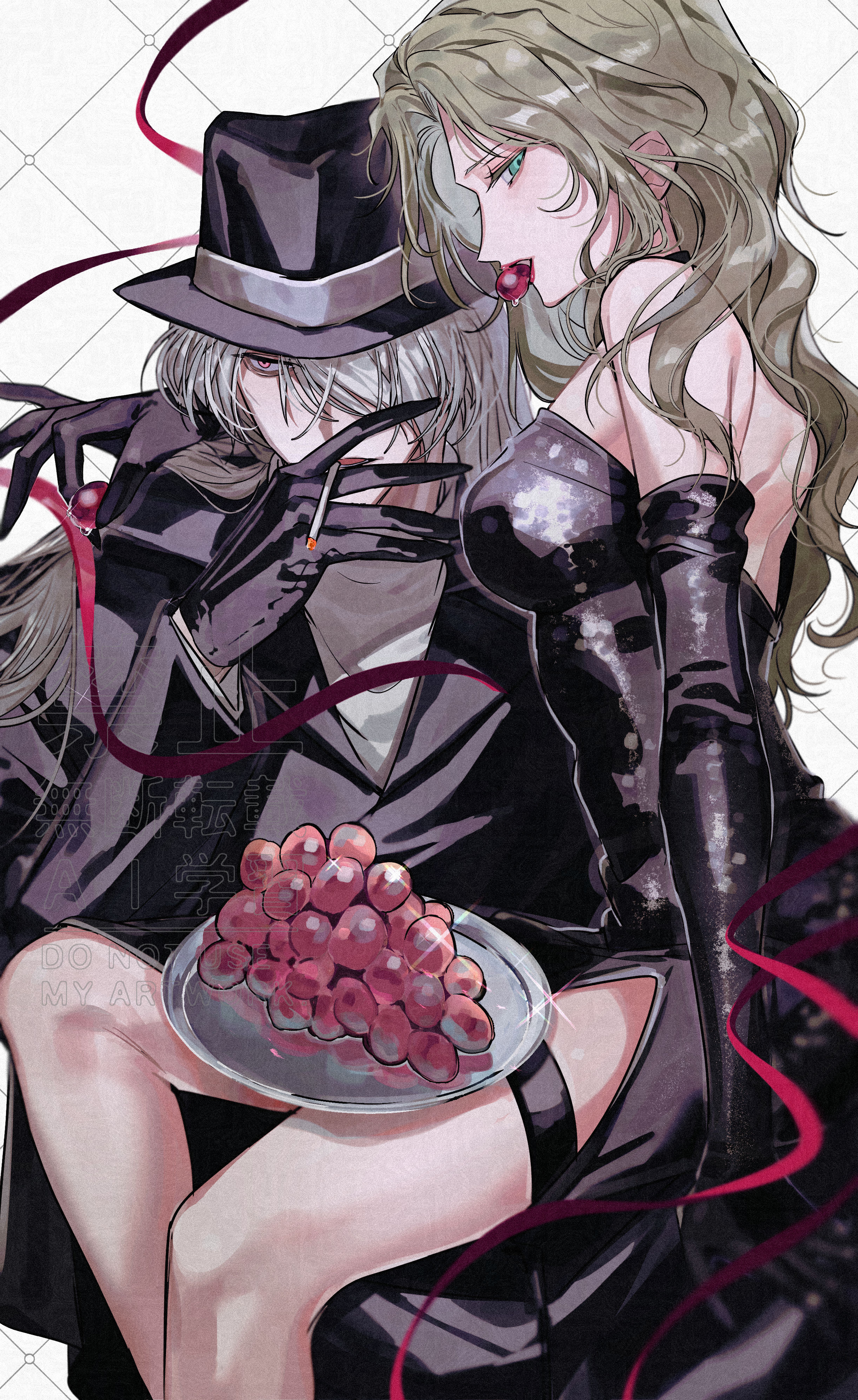 gin (meitantei conan), vermouth (meitantei conan), meitantei conan, absurdres, commentary, highres, 1boy, 1girl, black dress, black gloves, blonde hair, cigarette, dress, elbow gloves, food, food in mouth, fruit, gloves, grapes, hair over one eye, hat, holding, holding cigarette, long hair, looking at viewer, looking to the side, plate, profile, red lips, sitting, sitting on lap, sitting on person, thigh strap, turtleneck, white hair, zsk ag