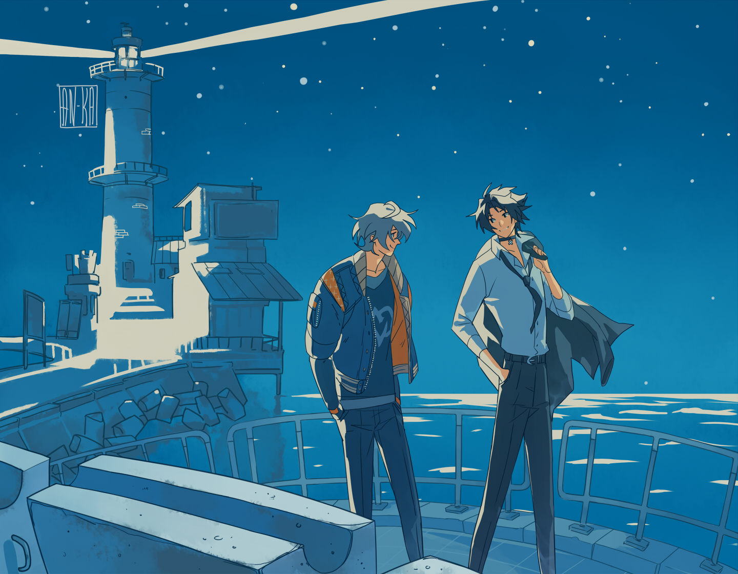 kaa05n2, asaba harumasa, wise (zenless zone zero), zenless zone zero, commentary, symbol-only commentary, artist name, belt, black hair, black necktie, black pants, black shirt, blue jacket, bridge, building, choker, closed mouth, coat, grey coat, grey hair, hand in pocket, holding, holding coat, holding unworn clothes, jacket, lighthouse, looking at another, necktie, night, night sky, ocean, outdoors, pants, shirt, short hair, sky, sleeves rolled up, smile, star (sky), starry sky, teeth, unworn coat, walking, water, white shirt