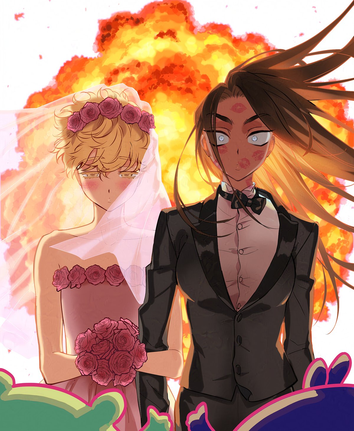 hyuna (alien stage), luka (alien stage), alien stage, commentary, english commentary, highres, 1boy, 1girl, 2others, bare shoulders, black bow, black bowtie, black hair, black jacket, black pants, blonde hair, bloodofmusic, blush, bouquet, bow, bowtie, breasts, bridal veil, buttons, closed mouth, collarbone, collared shirt, crossdressing, crossdressing (ftm), crossdressing (mtf), dark-skinned female, dark skin, dress, explosion, floating hair, flower, grey eyes, hair between eyes, half-closed eyes, head wreath, hetero, holding, holding bouquet, husband and wife, jacket, lapels, large breasts, lipstick mark, lipstick mark on face, long hair, long sleeves, looking at viewer, multiple others, pants, pink dress, pink flower, pink rose, rose, see-through clothes, shirt, short hair, sleeveless, sleeveless dress, standing, strapless, strapless dress, veil, white background, white shirt, wide-eyed, yellow eyes