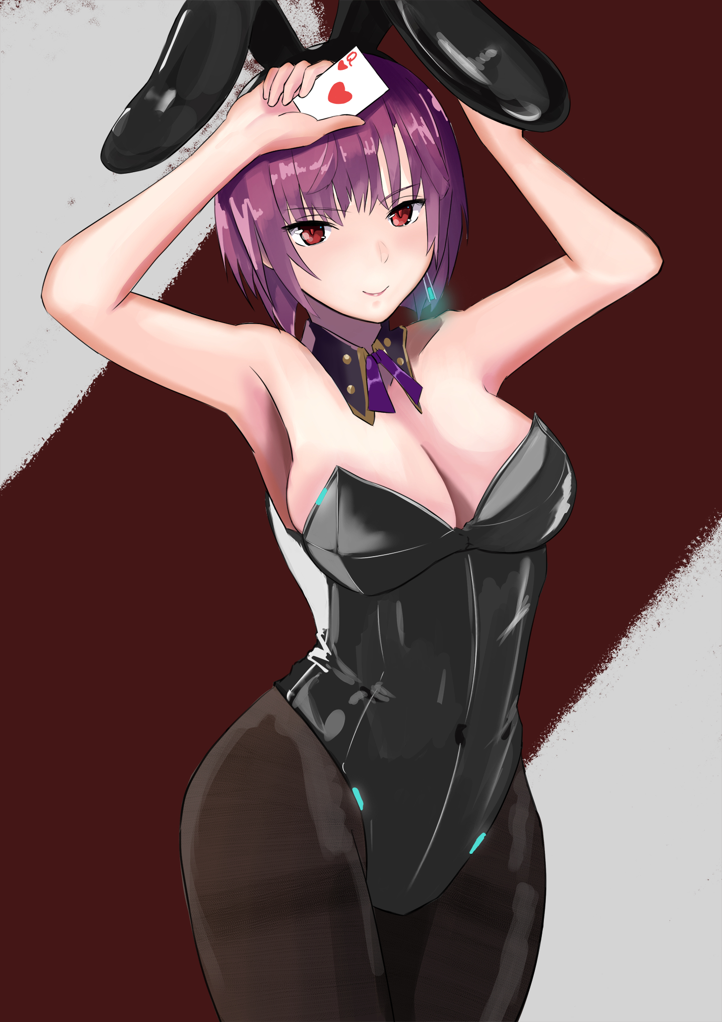tezuka saki, heaven burns red, highres, 1girl, ace (playing card), ace of hearts, animal ears, armpits, arms up, bare shoulders, black leotard, black pantyhose, blush, breasts, card, cleavage, closed mouth, covered navel, detached collar, earrings, fake animal ears, heart, holding, holding card, jewelry, large breasts, leotard, looking at viewer, medium breasts, neck ribbon, pantyhose, playboy bunny, playing card, purple hair, rabbit ears, red eyes, ribbon, sakeluck, short hair, smile, solo, standing, strapless, strapless leotard, thighband pantyhose