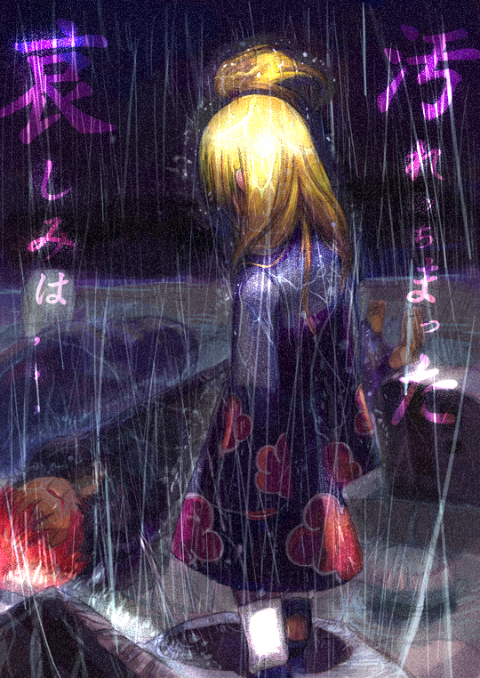 shouyu senbei, deidara (naruto), sasori (naruto), naruto (series), naruto shippuuden, 2boys, akatsuki (naruto), blonde hair, blood, blood from mouth, covered eyes, covered face, high ponytail, male focus, multiple boys, orange hair, outdoors, ponytail, rain, red hair, short ponytail, standing