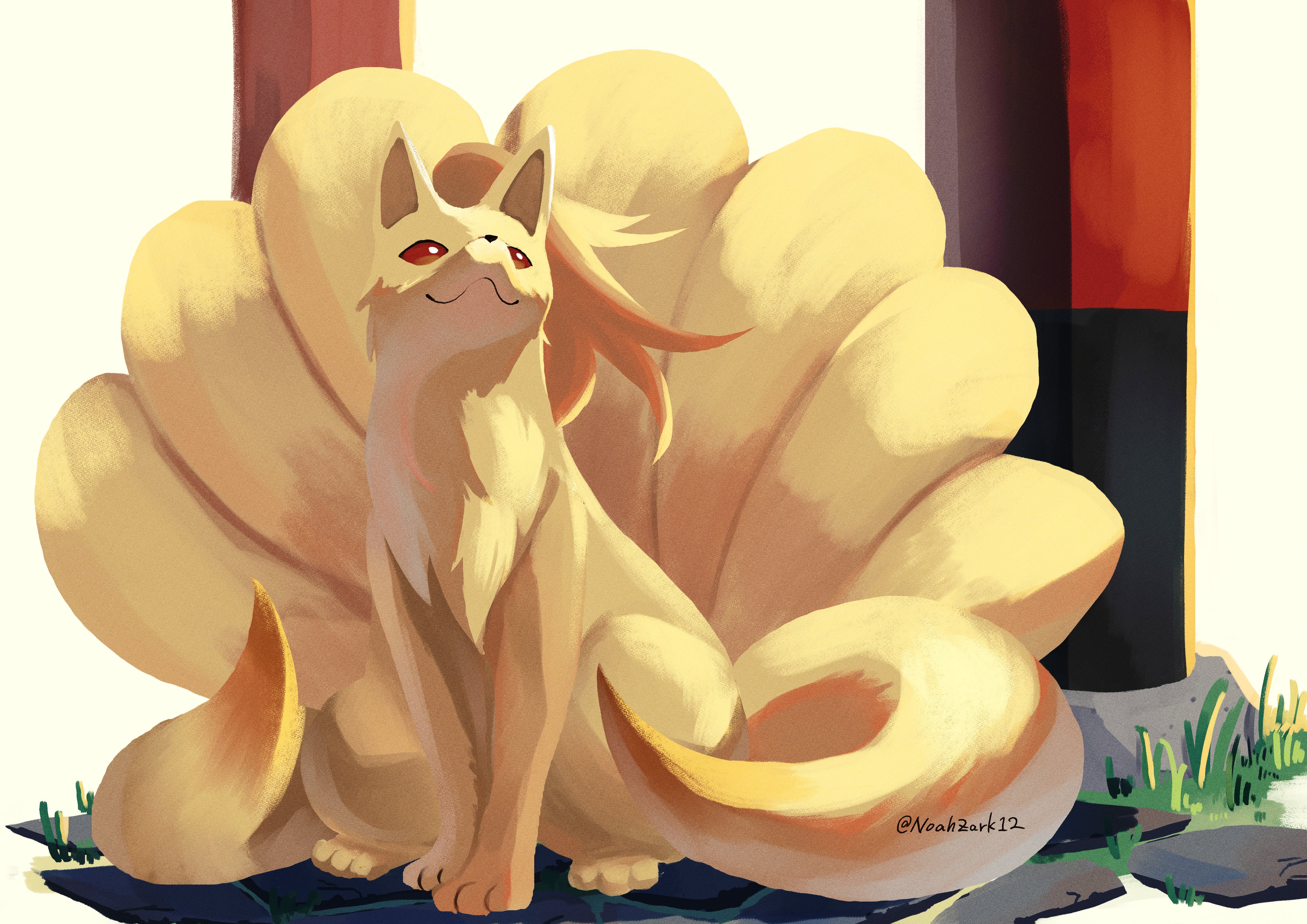 ninetales, nintendo, pokemon, absurdres, highres, animal focus, closed mouth, fox, full body, gen 1 pokemon, multiple tails, no humans, noahzark1212, pokemon (creature), pokemon focus, red eyes, smile, solo, tail, torii