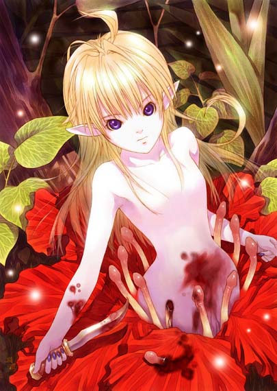 kiran (kiranpln), 1girl, blonde hair, blood, blue eyes, dagger, female focus, fingernails, flower, forest, knife, monster girl, nail (hardware), nature, no nipples, nude, nymph, pale skin, plant girl, pointy ears, solo, weapon