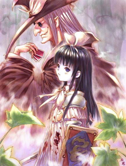 kiran (kiranpln), 1boy, 1girl, armor, black hair, blood, blue eyes, bow, card, dress, forest, hairband, hat, holding, holding card, nature, shield, sword, weapon