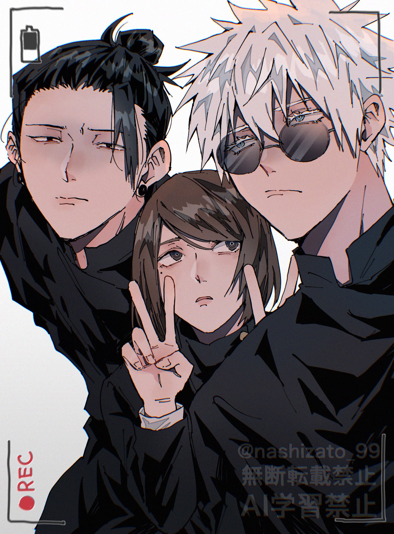 nashizato (99), getou suguru, gojou satoru, ieiri shoko, jujutsu kaisen, commentary request, highres, 1girl, 2boys, black eyes, black hair, blue eyes, brown hair, double v, hair bun, hair pulled back, height difference, jujutsu tech uniform, looking at another, looking at viewer, male focus, mole, mole under eye, multiple boys, plug (piercing), round eyewear, short hair, simple background, twitter username, v, viewfinder, white background, white hair