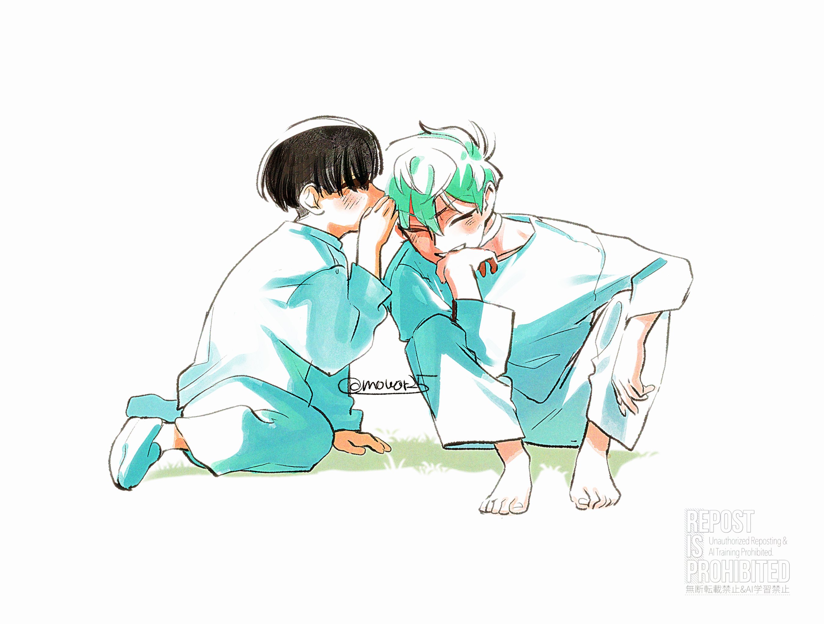 mowar25, ivan (alien stage), till (alien stage), alien stage, commentary request, highres, 2boys, barefoot, black hair, choker, closed eyes, grey hair, multiple boys, pants, shirt, shoes, smile, striped clothes, vertical-striped clothes, watermark, whispering in ear, white choker, white pants, white shirt, white shoes
