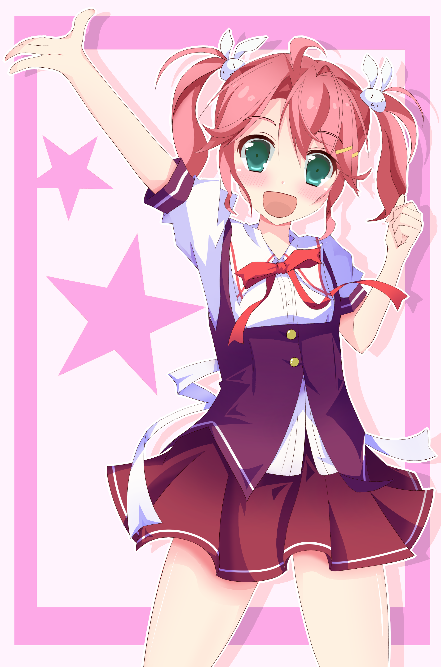 kogasaka chinami, hoshizora no memoria, absurdres, commentary request, highres, 1girl, :d, ahoge, blush, buttons, clenched hand, collared shirt, cowboy shot, drop shadow, green eyes, hair between eyes, hair ornament, hairclip, hand up, happy, looking at viewer, medium hair, miniskirt, open mouth, outline, outstretched arm, outstretched hand, parallel hairclips, pink background, pink hair, purple vest, rabbit hair ornament, red skirt, school uniform, shirt, short sleeves, sidelocks, simple background, skirt, smile, solo, star (symbol), star symbol background, twintails, vest, white outline, white shirt, wind 32ki
