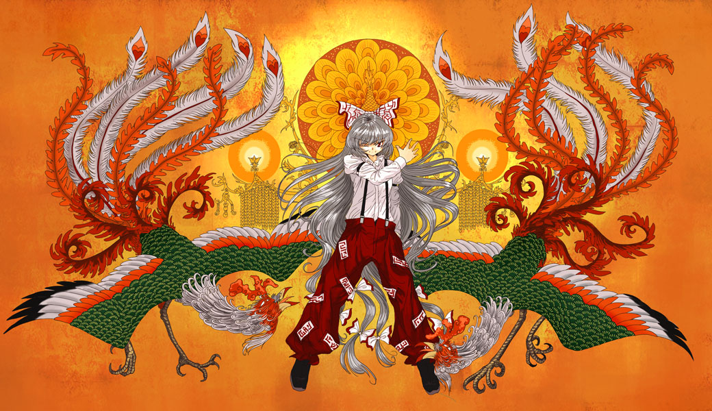 tsurui, fujiwara no mokou, touhou, 1girl, bird, bow, female focus, hair bow, long hair, ofuda, one eye closed, pants, phoenix, red eyes, ribbon, smile, solo, standing, suspenders, very long hair, white hair, wink