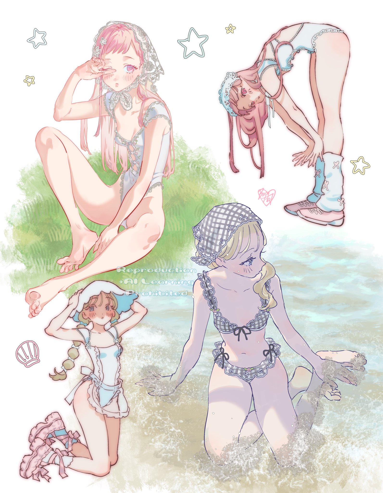 bomhat, original, commentary, highres, symbol-only commentary, 2girls, apron, ass blush, barefoot, bent over, bikini, blonde hair, blue eyes, blunt bangs, blush, bonnet, bow, breasts, closed mouth, collarbone, covering one eye, dorsiflexion, frilled bikini, frilled leotard, frills, full body, gingham, grass, hair over shoulder, hands on headwear, highleg, highleg leotard, kneeling, lace, lace trim, leg warmers, leotard, lips, long hair, looking at viewer, low ponytail, multiple girls, navel, open mouth, outdoors, partially submerged, pink eyes, pink hair, pink lips, platform shoes, ponytail, ribbon, short hair, sidelocks, simple background, sitting, small breasts, socks, soles, standing, star (symbol), swimsuit, twintails, waist apron, water, white background, white socks, wispy bangs, yokozuwari