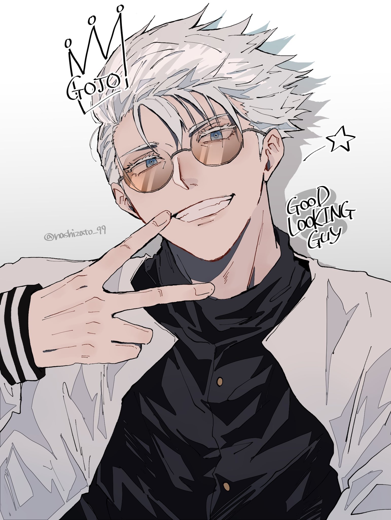 nashizato (99), gojou satoru, jujutsu kaisen, commentary request, highres, 1boy, blue eyes, english text, glasses, jacket, male focus, round eyewear, short hair, smile, solo, teeth, twitter username, upper body, v, white hair, white jacket