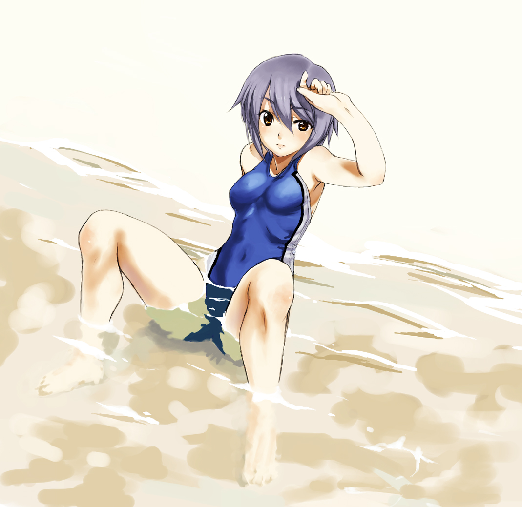 kirisato itsuki, nagato yuki, suzumiya haruhi no yuuutsu, bad id, bad pixiv id, 00s, barefoot, beach, competition swimsuit, legs, one-piece swimsuit, sitting, solo, swimsuit, water, wet