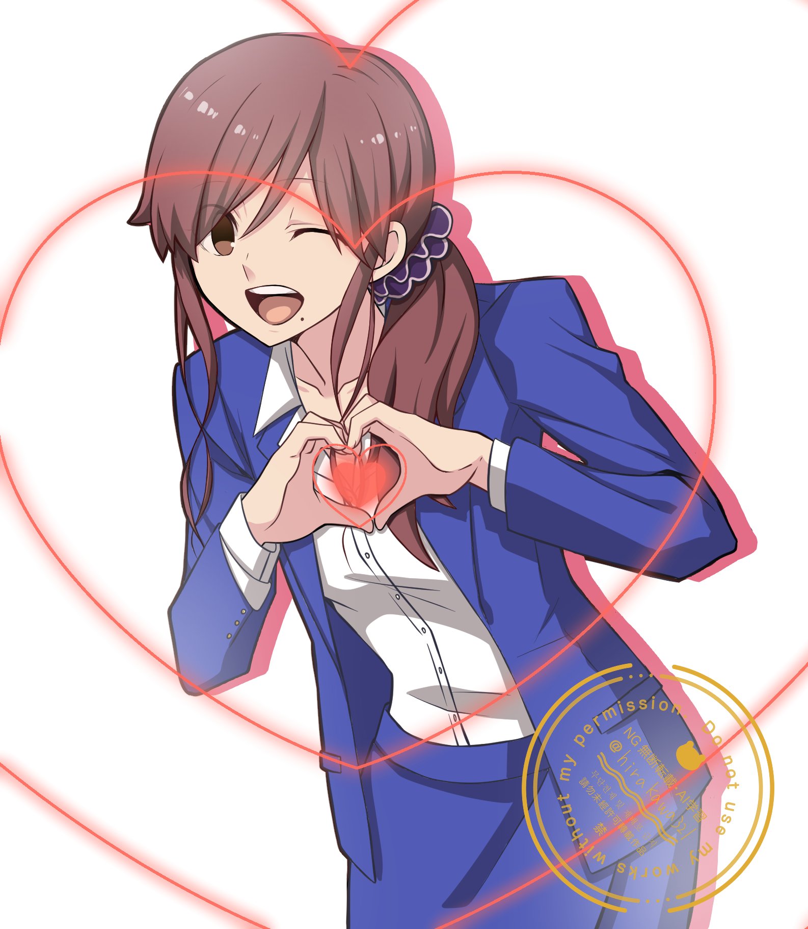 hirakawa, noel (tsukihime), tsukihime, tsukihime (remake), highres, blue jacket, blue skirt, breasts, brown eyes, brown hair, cowboy shot, heart, heart hands, jacket, medium hair, mole, mole under mouth, one eye closed, shirt, simple background, skirt, white background, white shirt