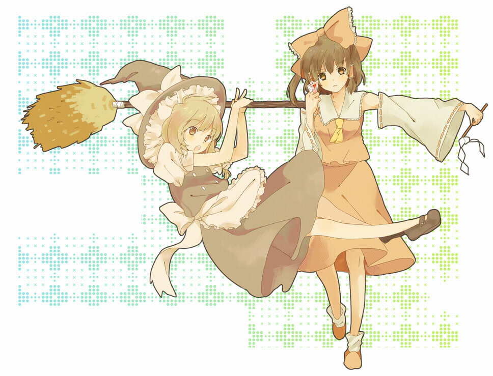 hizu, noise (hakusen), hakurei reimu, kirisame marisa, touhou, bad id, bad pixiv id, 2girls, apron, ascot, blonde hair, bow, braid, broom, broom riding, brown eyes, brown hair, detached sleeves, female focus, flying, full body, hair bow, hanging, hat, japanese clothes, long sleeves, looking at viewer, miko, multiple girls, red skirt, single braid, skirt, waist apron, walking, witch, witch hat