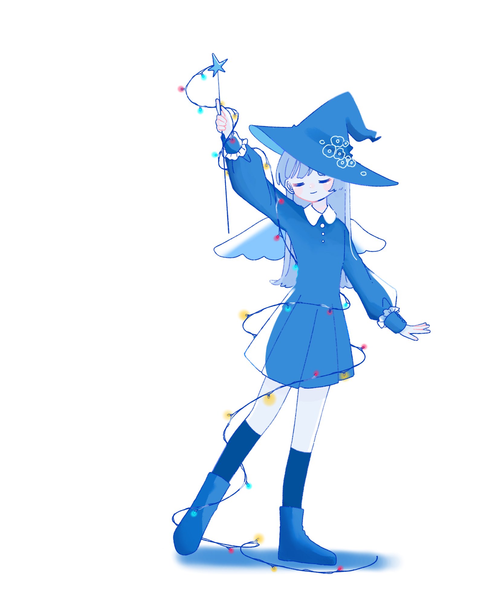 sskitaco, original, commentary request, highres, 1girl, arm up, black socks, blue boots, blue dress, blue hair, blue hat, blue theme, blush, boots, christmas lights, closed eyes, closed mouth, collared dress, contrast collar, dress, flower, frills, full body, hat, hat flower, heel up, holding, holding wand, kneehighs, long hair, long sleeves, pleated dress, puffy long sleeves, puffy sleeves, shadow, short dress, simple background, smile, socks, solo, standing, star wand, tilted headwear, turning head, wand, white background, white wings, wide brim, wings, witch hat, wrapped up
