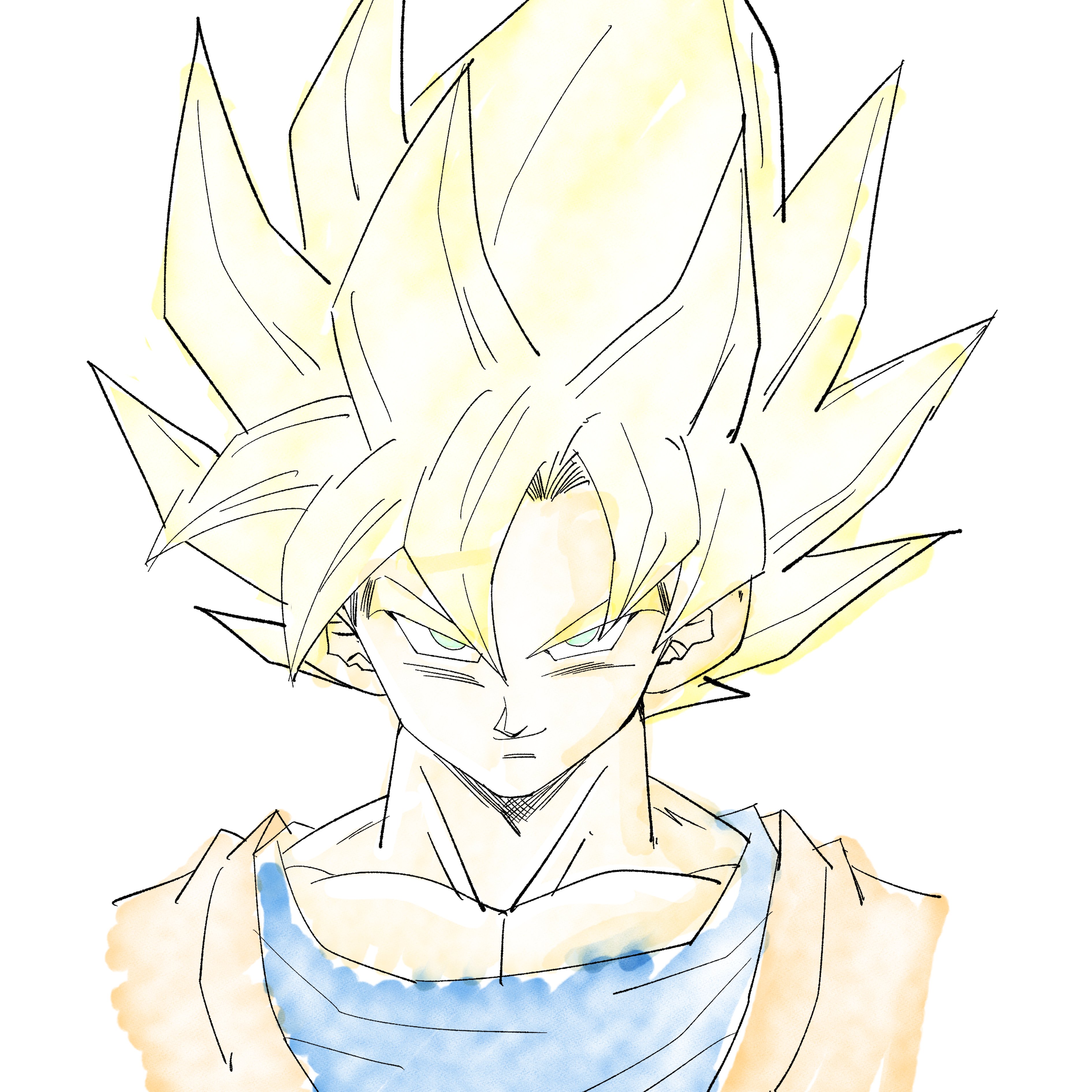 son goku, dragon ball, dragonball z, absurdres, highres, 1boy, 1rasutotoukou, blue shirt, green eyes, muscular, muscular male, orange shirt, shirt, simple background, solo, spiked hair, super saiyan, super saiyan 1, upper body, white background