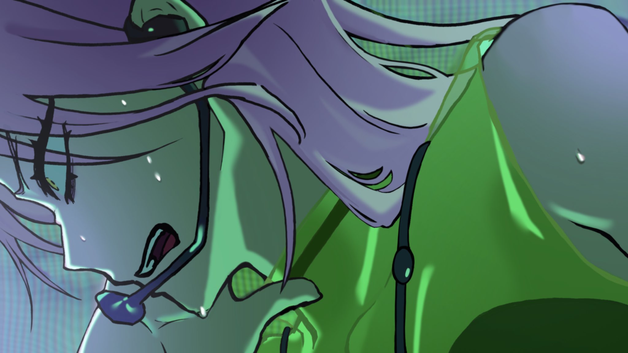 mizi (alien stage), alien stage, commentary, derivative work, hashtag-only commentary, highres, screenshot redraw, 1girl, green shirt, headset, jewelry, long hair, microphone, necklace, open mouth, pink hair, see-through clothes, shirt, skittlesshutov, sleeveless, sleeveless shirt, solo, sweat, yellow eyes