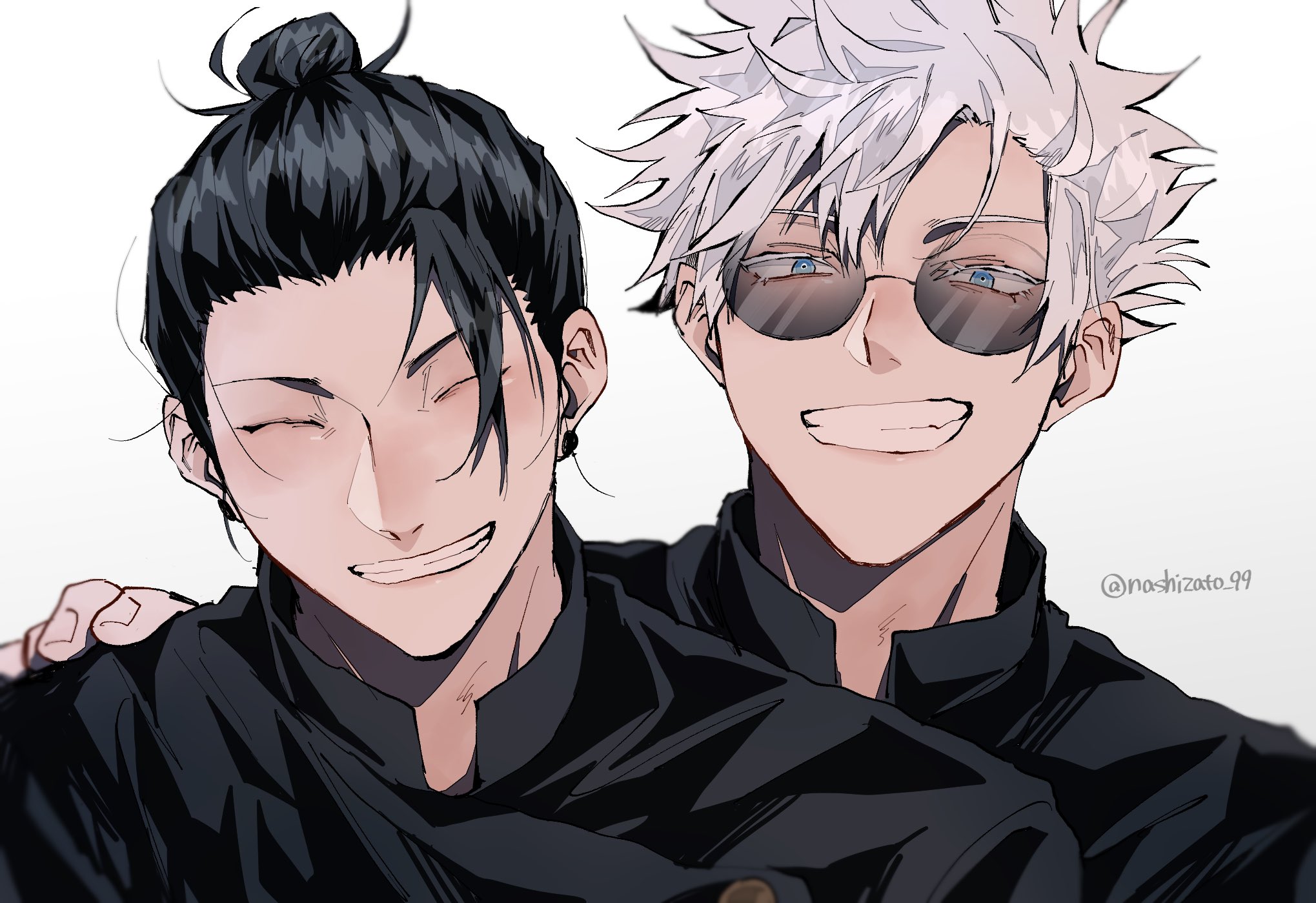 nashizato (99), getou suguru, gojou satoru, jujutsu kaisen, commentary request, highres, 2boys, blue eyes, closed mouth, glasses, hair pulled back, hand on another's shoulder, jujutsu tech uniform, looking at viewer, male focus, multiple boys, plug (piercing), round eyewear, simple background, smile, teeth, twitter username, upper body, white background