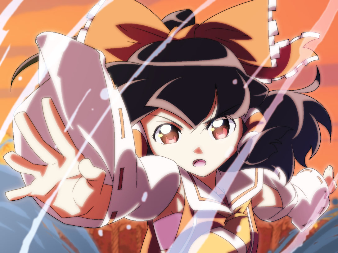 shokkin, hakurei reimu, touhou, 1girl, :o, armpits, bare shoulders, black hair, detached sleeves, female focus, floating hair, light rays, looking at viewer, open mouth, red eyes, ribbon-trimmed sleeves, ribbon trim, solo, upper body, vest