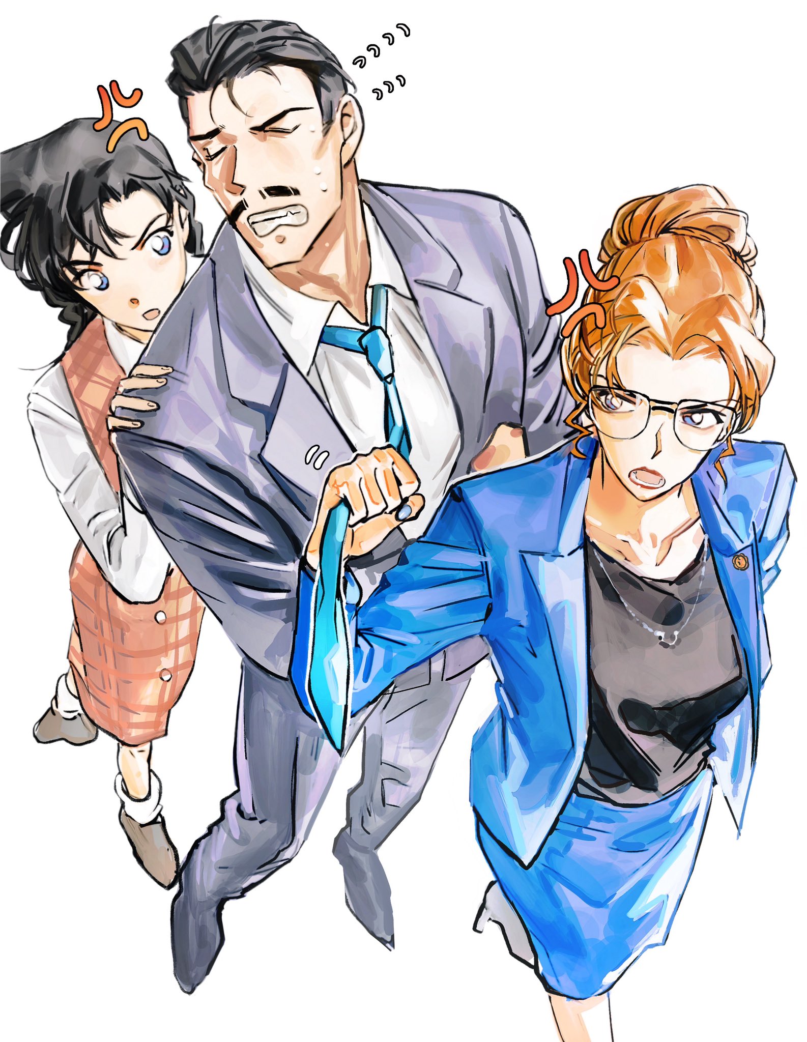 mercuryxun, kisaki eri, mouri kogoro, mouri ran, meitantei conan, commentary, highres, 1boy, 2girls, anger vein, black hair, black shirt, blue eyes, blue jacket, blue necktie, blue skirt, brown hair, closed eyes, clothes grab, facial hair, family, formal clothes, from above, glasses, hair bun, hair slicked back, jacket, jewelry, multiple girls, mustache, necklace, necktie, necktie grab, neckwear grab, shirt, short hair, sidelocks, skirt, suit, sweatdrop
