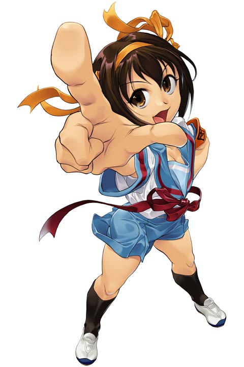 hyou itto, suzumiya haruhi, suzumiya haruhi no yuuutsu, 00s, armband, brown eyes, brown hair, foreshortening, hairband, pointing, school uniform, serafuku, short hair, solo