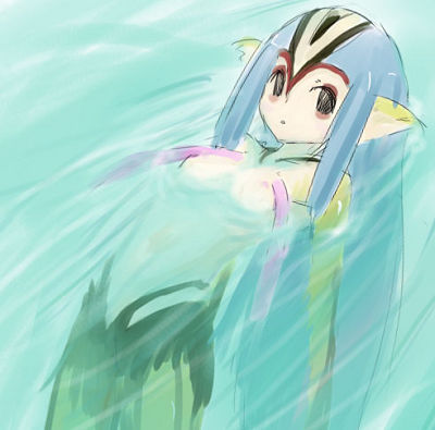 mutio, ao no roku-gou, lowres, 1girl, blue hair, breasts, colored skin, cowboy shot, female focus, furry, furry female, long hair, monster girl, multicolored skin, nipples, nude, pointy ears, red eyes, solo, therianthrope, water, yellow skin