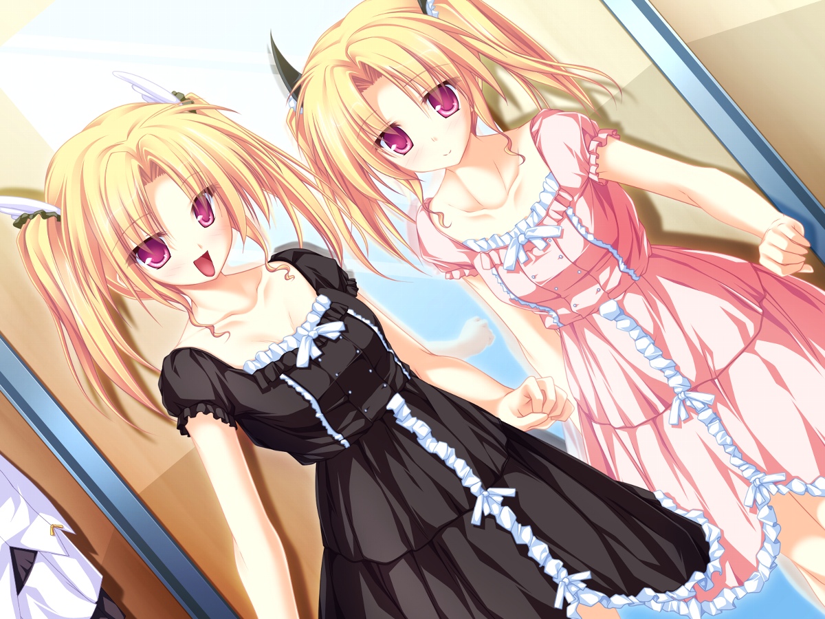 tenmaso, nina geminis, rena geminis, magus tale, game cg, non-web source, 2girls, blonde hair, dress, mirror, multiple girls, open mouth, purple eyes, reflection, ribbon, siblings, sisters, twins, twintails