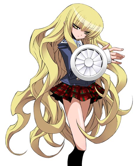 imai kami, kuchinashi (needless), needless, official art, 1girl, air turbine, blonde hair, female focus, long hair, plaid clothes, plaid skirt, school uniform, simple background, skirt, solo, yellow eyes