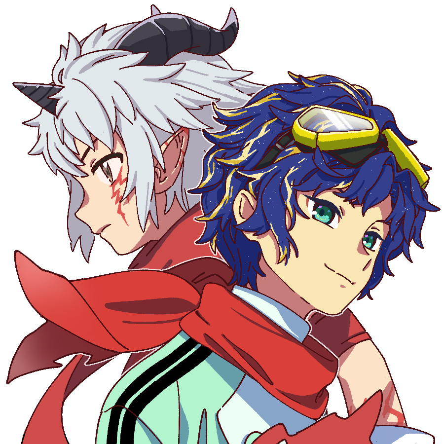 aioka (aichiu kuchiu), aegiomon, astel leda, yuuki dan, digimon, digimon story: time stranger, holostars, 2boys, blue eyes, blue hair, cosplay, digimon (creature), goggles, goggles on head, green jacket, grey hair, horns, jacket, male focus, multiple boys, pointy ears, red scarf, scarf, simple background, transparent background, upper body, virtual youtuber, white jacket, yuuki dan (cosplay)
