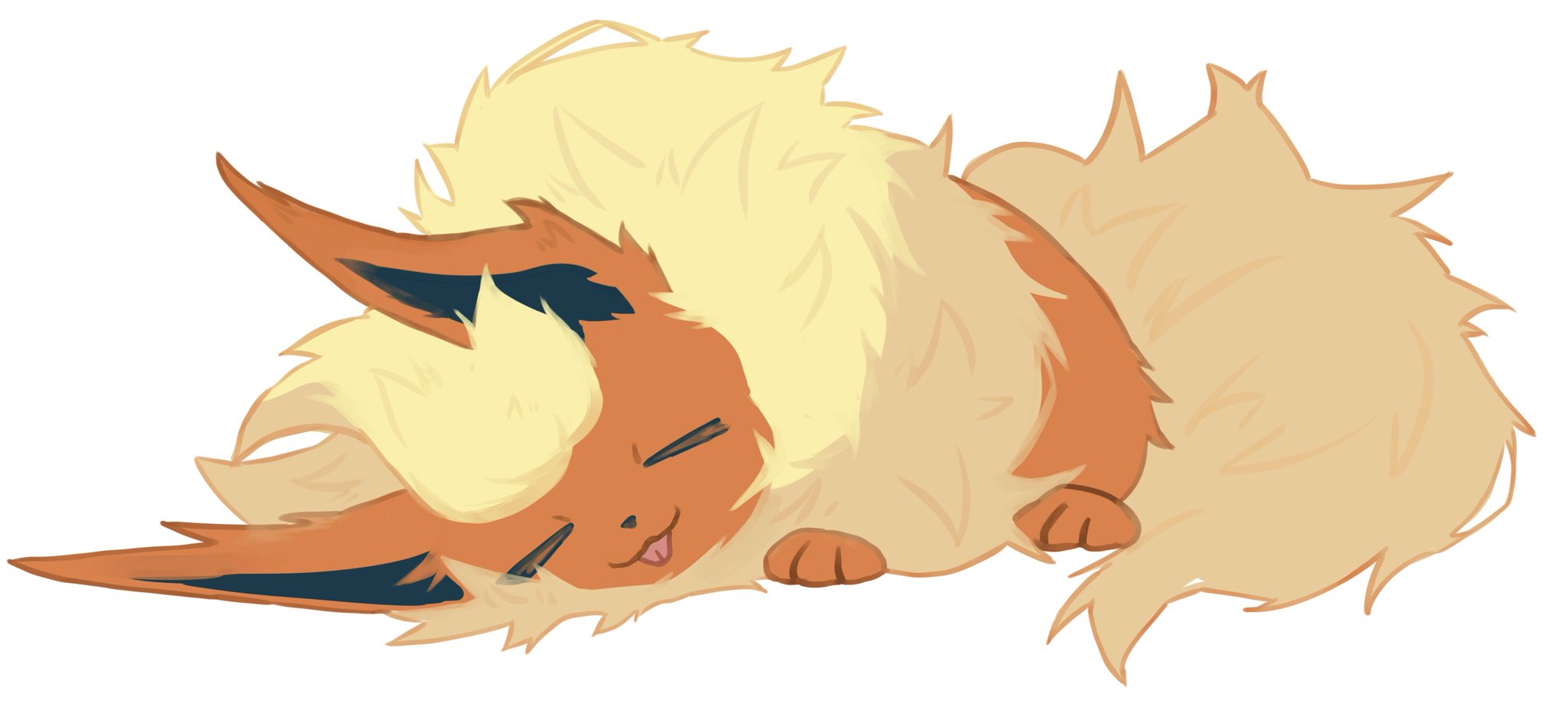 e eee g, flareon, nintendo, pokemon, highres, animal focus, closed eyes, closed mouth, fluffy, full body, gen 1 pokemon, neck fur, no humans, orange fur, pokemon (creature), pokemon focus, simple background, smile, solo, tail, tongue, tongue out, white background, yellow fur
