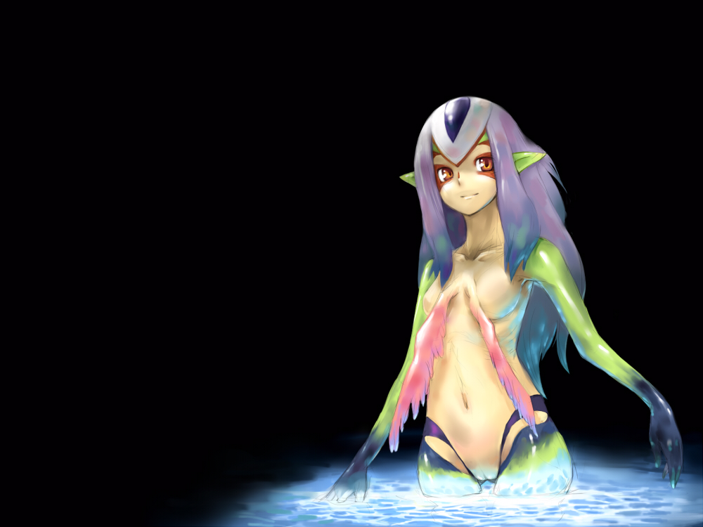 oguchi, mutio, ao no roku-gou, 1girl, black background, breasts, colored skin, cowboy shot, female focus, furry, furry female, long hair, monster girl, multicolored skin, pointy ears, purple hair, pussy, red eyes, solo, standing, therianthrope, wading, water, white hair, yellow skin
