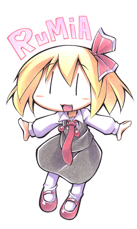 uccow, rumia, embodiment of scarlet devil, touhou, bad id, bad pixiv id, 1girl, blonde hair, character name, fang, female focus, hair ribbon, necktie, outstretched arms, red eyes, red necktie, ribbon, short hair, solo, spread arms, | |