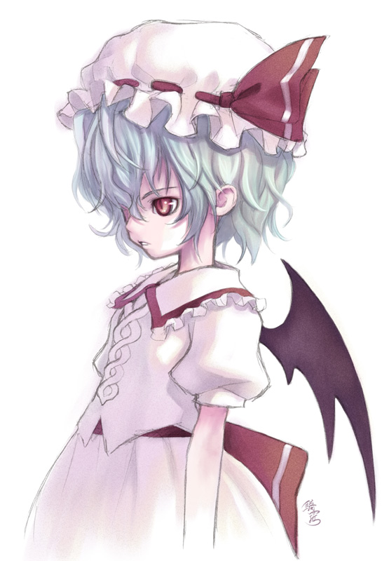 kiran (kiranpln), remilia scarlet, touhou, 1girl, bat wings, blue hair, female focus, frills, hair over one eye, hat, profile, red eyes, short hair, simple background, slit pupils, solo, wavy hair, wings