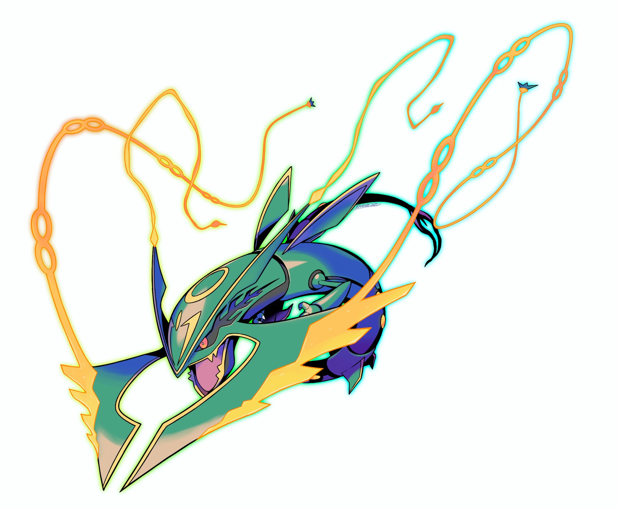 tomycase, mega rayquaza, rayquaza, nintendo, pokemon, highres, black sclera, colored sclera, dragon, full body, gen 3 pokemon, legendary pokemon, mega pokemon, no humans, open mouth, pokemon (creature), red eyes, simple background, solo, white background