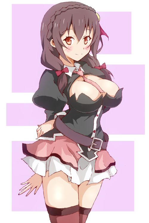 k2 (skt5005), yunyun (konosuba), kono subarashii sekai ni shukufuku wo!, 1girl, arms behind back, between breasts, black shirt, blush, braid, breasts, brown hair, crown braid, hair ornament, large breasts, long hair, long sleeves, looking at viewer, low twintails, necktie, necktie between breasts, pink necktie, pink skirt, purple background, red eyes, shirt, simple background, skirt, smile, solo, square, twintails, white background
