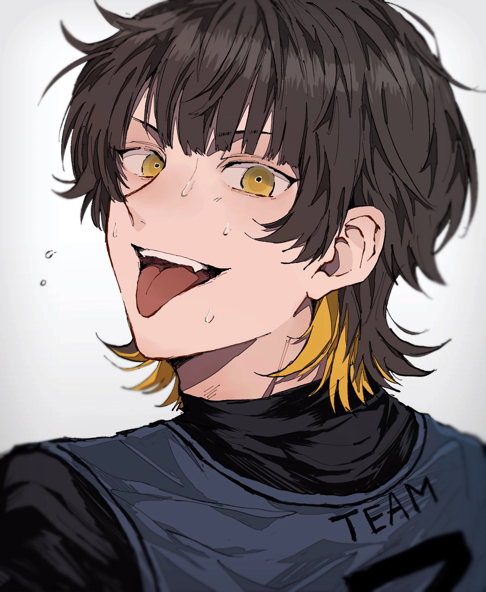 nashizato (99), bachira meguru, blue lock, commentary request, highres, 1boy, black hair, flying sweatdrops, looking at viewer, male focus, multicolored hair, short hair, simple background, smile, solo, streaked hair, sweat, teeth, tongue, tongue out, upper teeth only, white background, yellow eyes