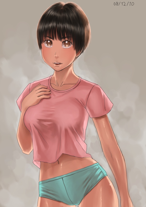 zenkou, ayumu (zenkou), original, 1girl, aqua panties, black hair, breasts, brown eyes, cowboy shot, dated, female focus, grey background, looking at viewer, midriff, navel, panties, parted lips, shiny skin, shirt, short hair, shorts, solo, taut clothes, taut shirt, underwear