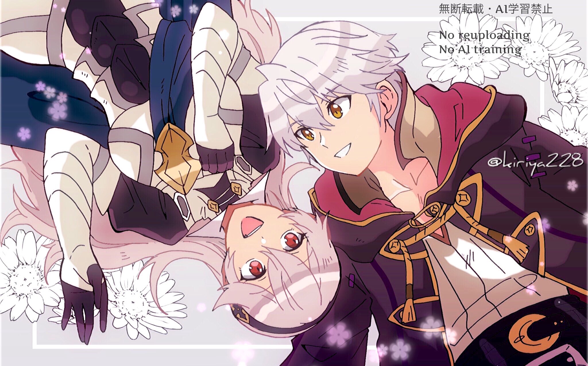 kiriya (552260), female corrin (fire emblem), male robin (fire emblem), fire emblem, fire emblem awakening, nintendo, highres, 1boy, 1girl, armor, black gloves, black hairband, black robe, blue cape, breasts, cape, collarbone, gloves, grey hair, hair between eyes, hairband, hood, hooded robe, long hair, medium breasts, open mouth, pointy ears, red eyes, robe, shirt, short hair, smile, white hair