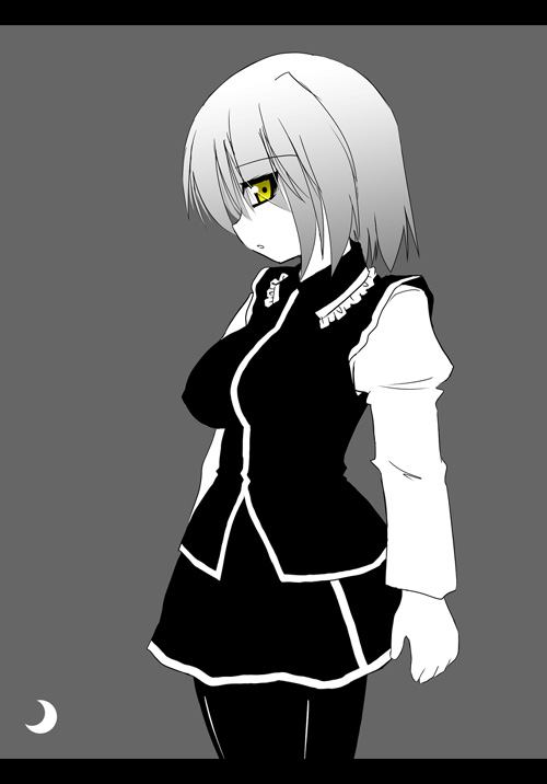 arayama reiichi, lunasa prismriver, touhou, 1girl, female focus, greyscale, monochrome, pantyhose, short hair, solo, spot color, yellow eyes