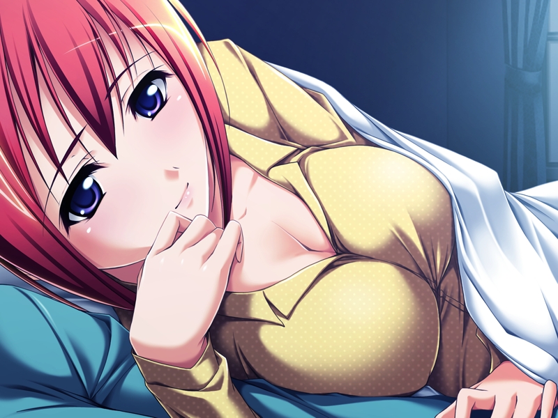 ichikawa noa, kiryuu yuzuha, inraku no ketsuzoku, game cg, 1girl, bed, blue eyes, blush, breasts, brother and sister, cleavage, couple, curtains, female focus, happy, incest, large breasts, looking at viewer, lying, pajamas, pillow, purple eyes, red hair, siblings, smile, solo, solo focus
