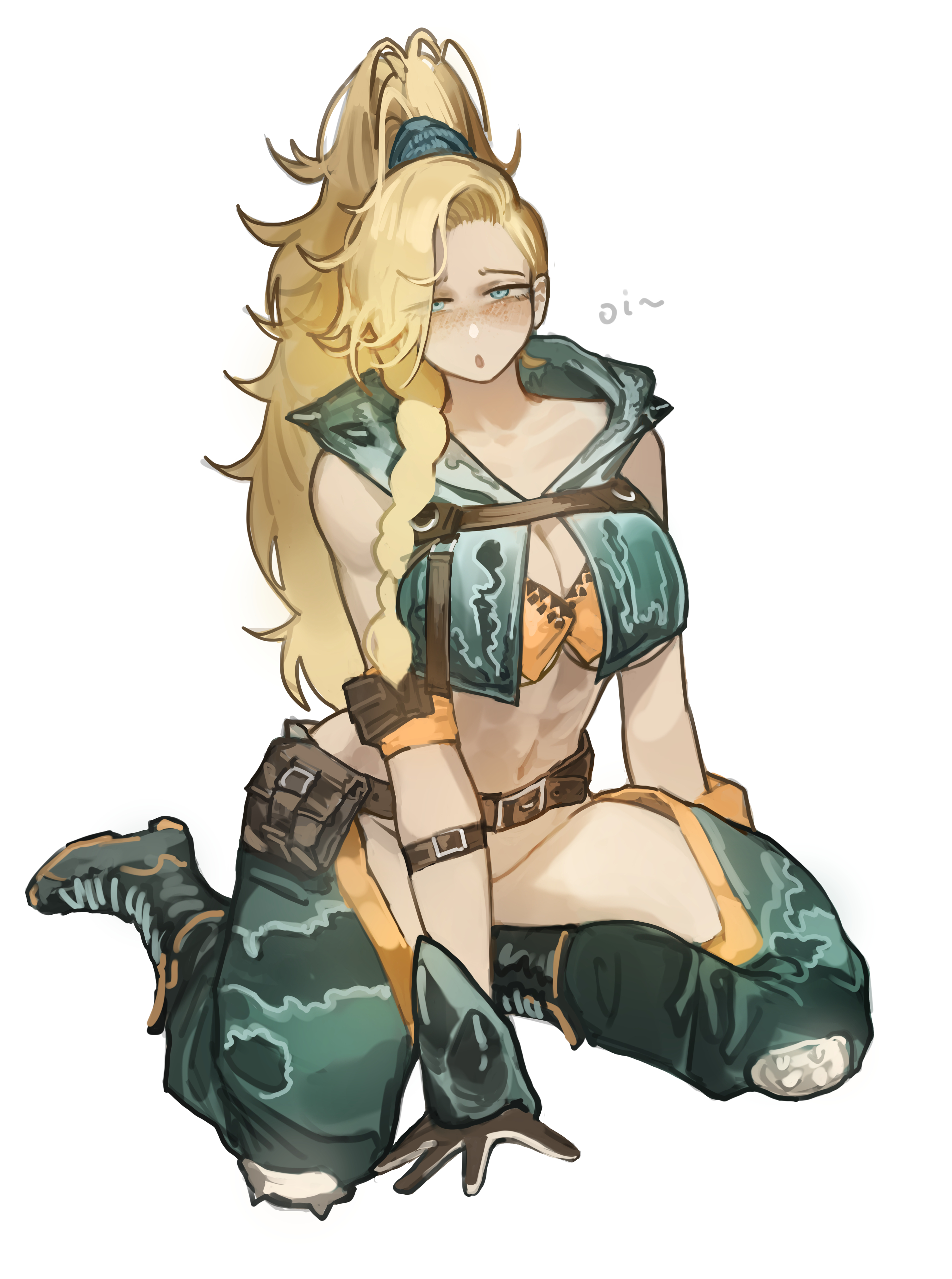 miao jiangyou, gemma (monster hunter wilds), monster hunter (series), monster hunter wilds, absurdres, chinese commentary, commentary request, highres, 1girl, :o, asymmetrical hair, bare shoulders, belt, belt pouch, blonde hair, blue eyes, blush, braid, breasts, brown belt, cleavage, collarbone, crop top, cropped jacket, full body, gloves, jacket, long hair, looking at viewer, medium breasts, navel, open clothes, ponytail, pouch, simple background, sitting, solo, stomach, white background