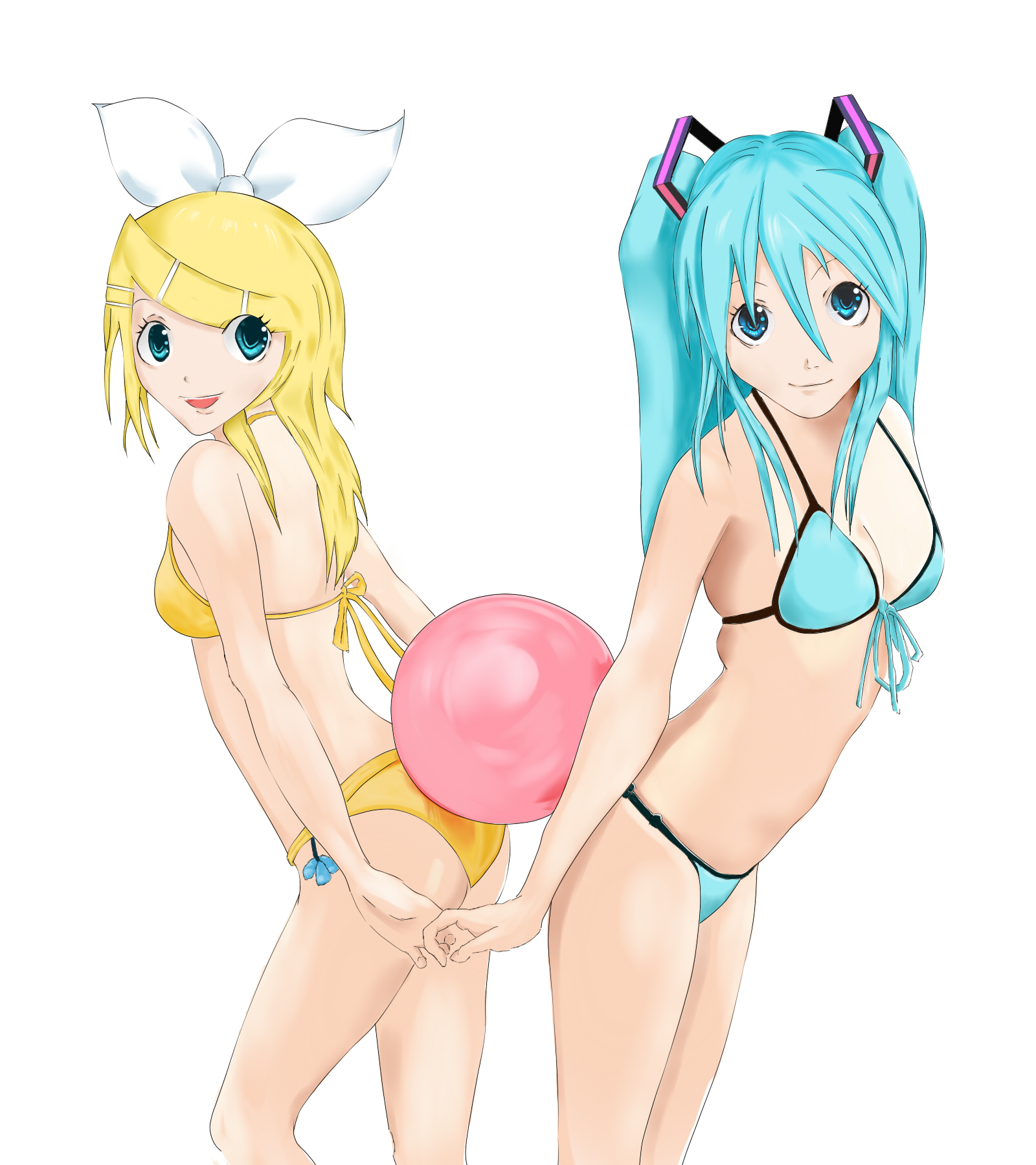 saburou (jako), hatsune miku, kagamine rin, vocaloid, bad id, bad pixiv id, highres, 2girls, aqua eyes, aqua hair, bad anatomy, ball, beachball, bikini, blonde hair, green eyes, long hair, multiple girls, poorly drawn, short hair, swimsuit, twintails