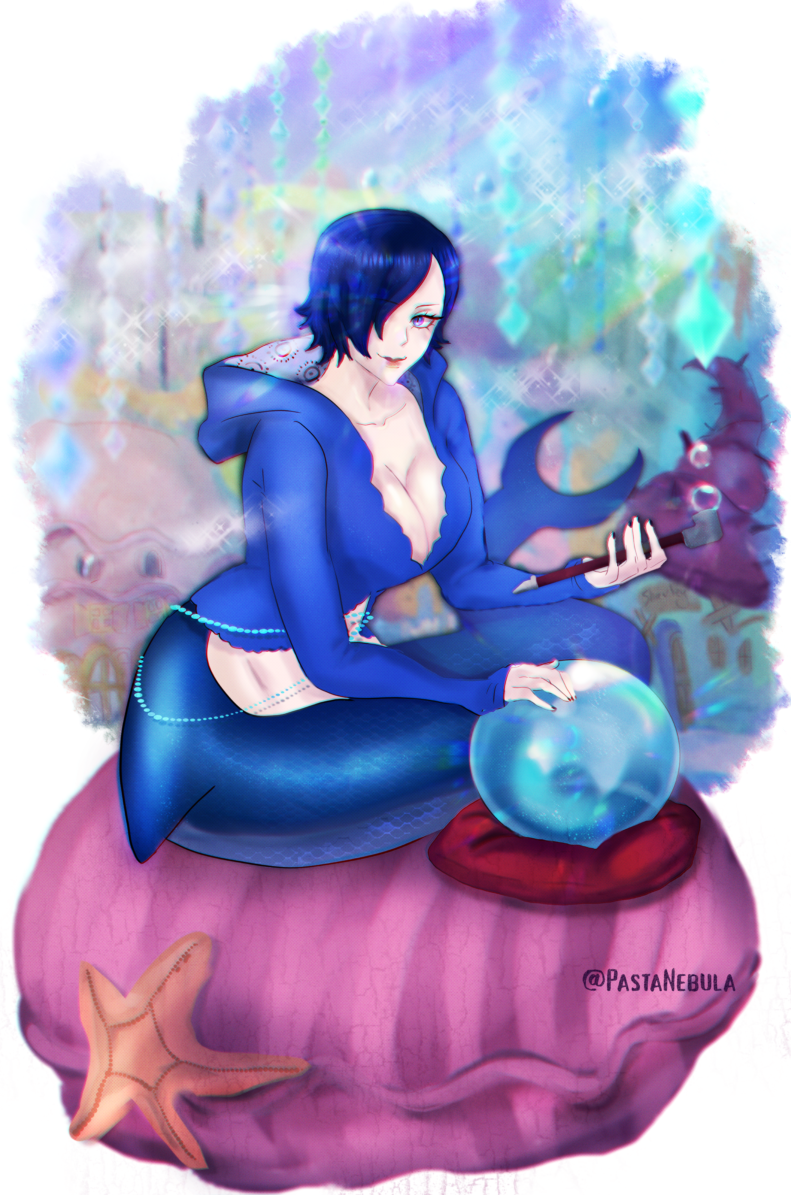 latefasha, madame shirley, one piece, absurdres, highres, 1girl, black nails, blue hair, breasts, bubble, cleavage, closed mouth, eyelashes, hair over one eye, hair slicked back, holding, holding smoking pipe, hood, hooded jacket, jacket, mermaid, monster girl, red lips, shark girl, smile, smoking pipe, solo, twitter username